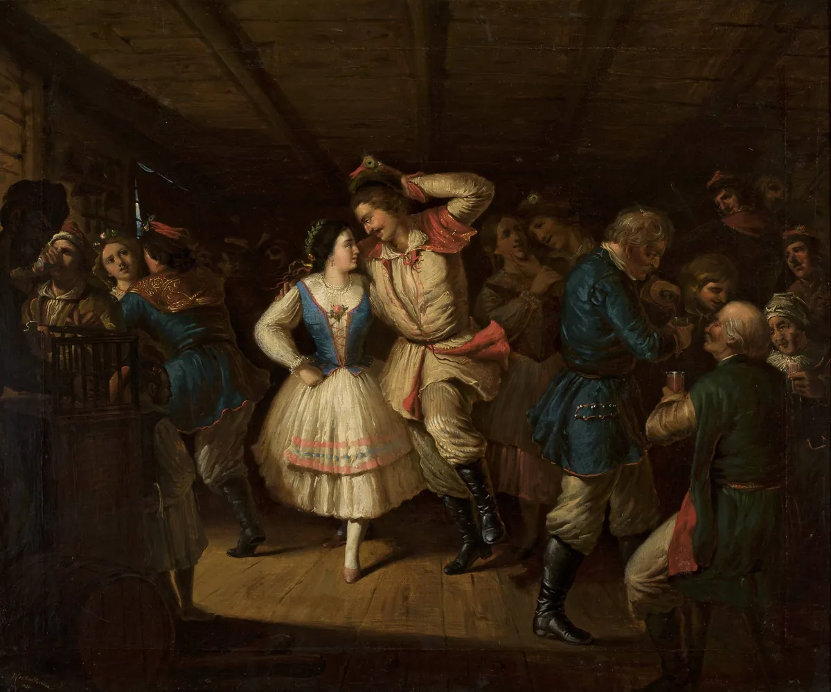 An 1851 oil painting of a couple dancing in a wooden inn, the man in a feathered cap, surrounded by onlookers holding glasses.